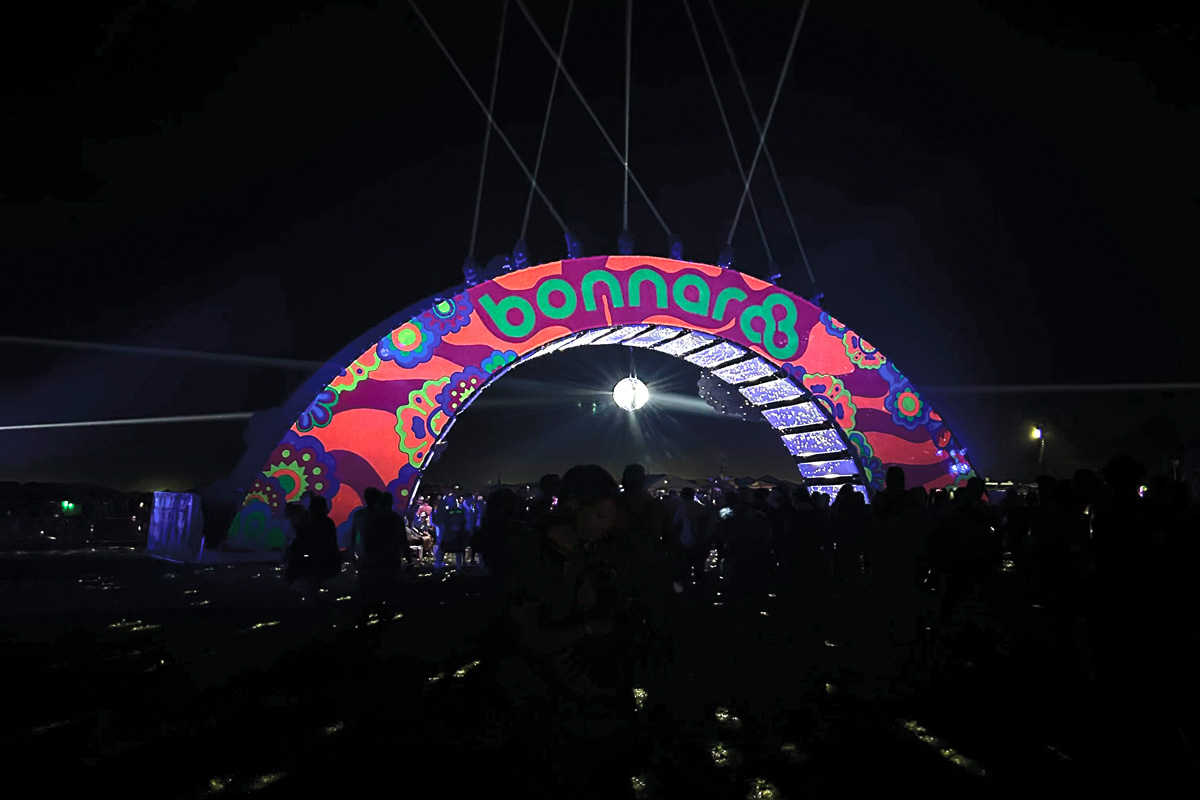 The iconic Bonnaroo arch marks the entrance and exit to the festival&#039;s main area. Mariah Ste. Marie photo