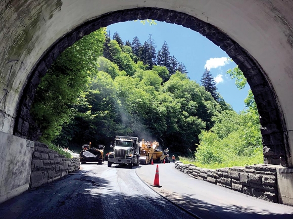 Crews pave Newfound Gap Road at the Morton Tunnel. NPS photo