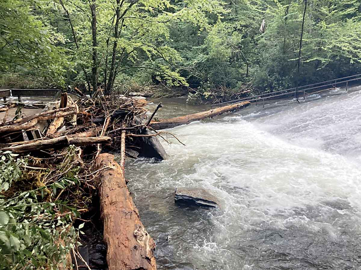 After the storm, logjams, underwater debris and damaged infrastructure required a prolonged closure at Sliding Rock Recreation Area. USFS photo