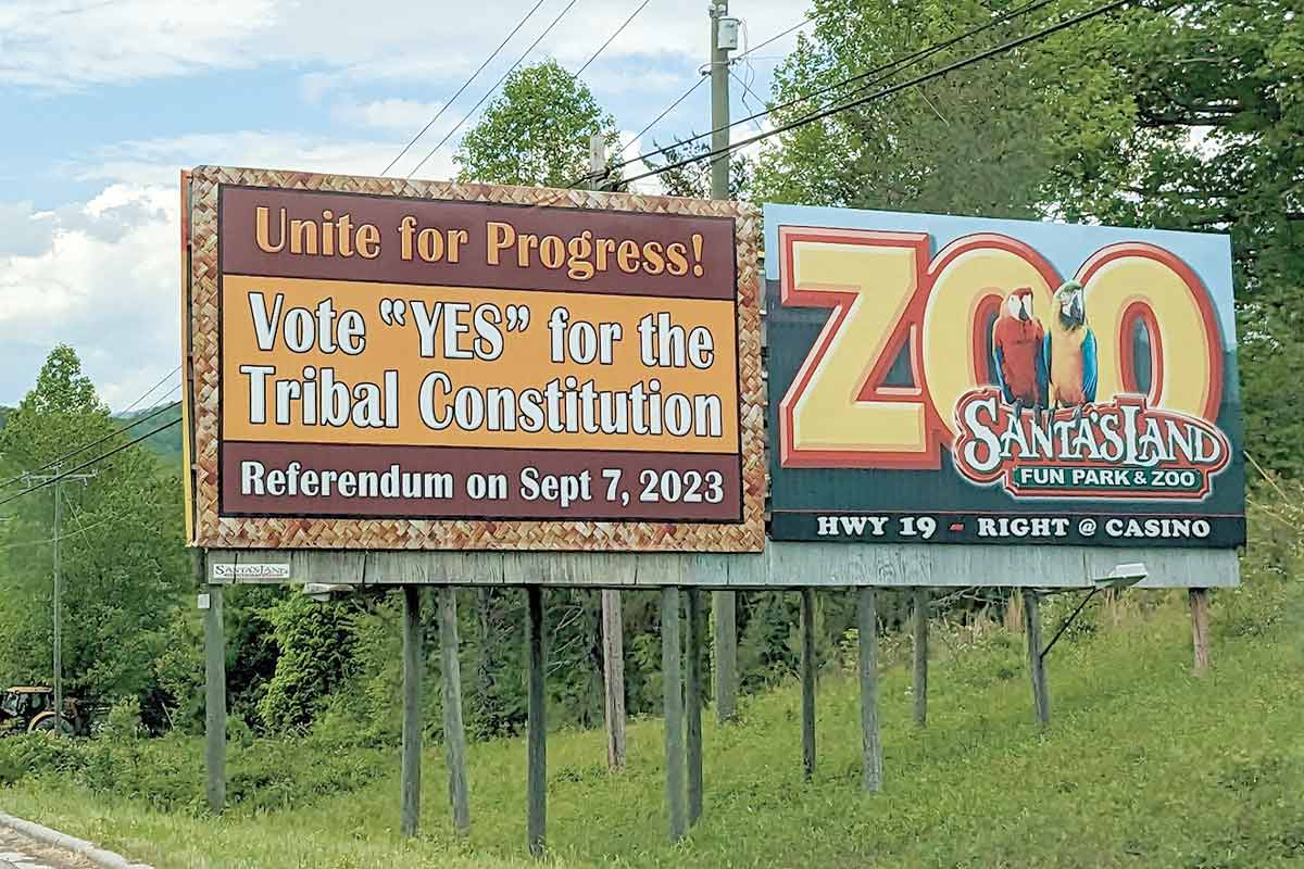 A billboard along U.S. 441 heading into Cherokee encourages voters to support the proposed constitution. Holly Kays photo