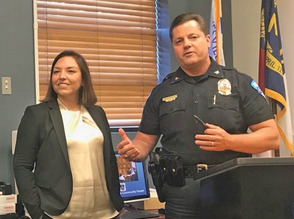 District Attorney Ashley Welch and Waynesville Police Chief Bill Hollingsed lead a public forum on the criminal justice system. Jessi Stone photo