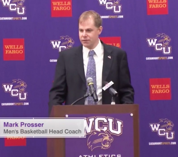 Winthrop University Associate head basketball coach Mark Prosser speaks at a March 27 press conference in Cullowhee