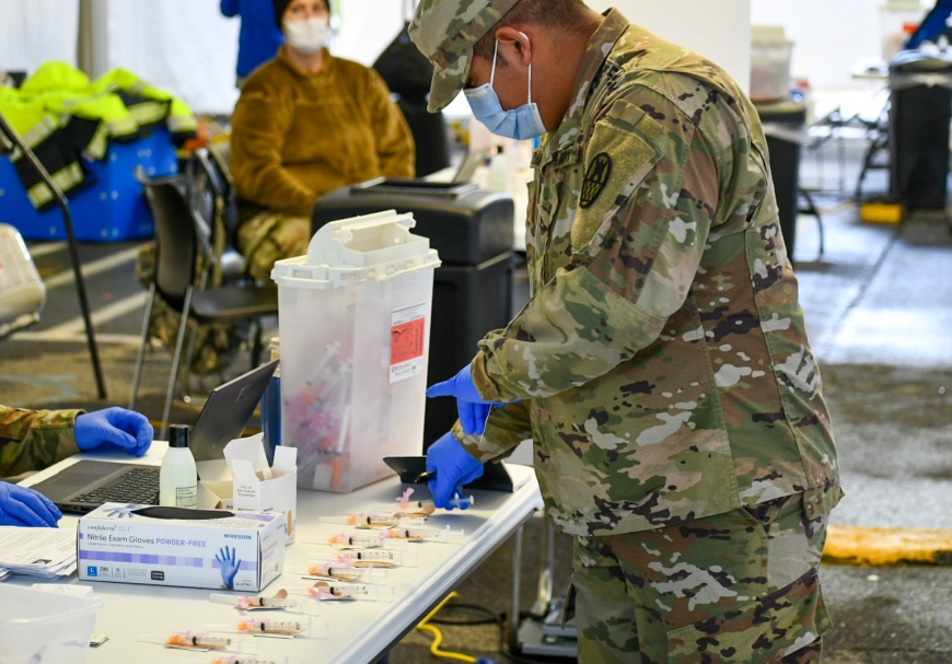 A National Guardsman works during a drive-thru vaccination event on Feb. 11. Jackson County photo