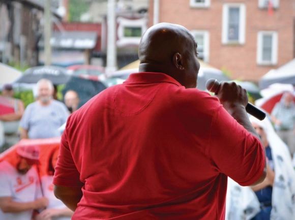 Mark Robinson, Republican candidate for lieutenant governor, speaks at a rally in Sylva      on Aug. 15. Cory Vaillancourt photo