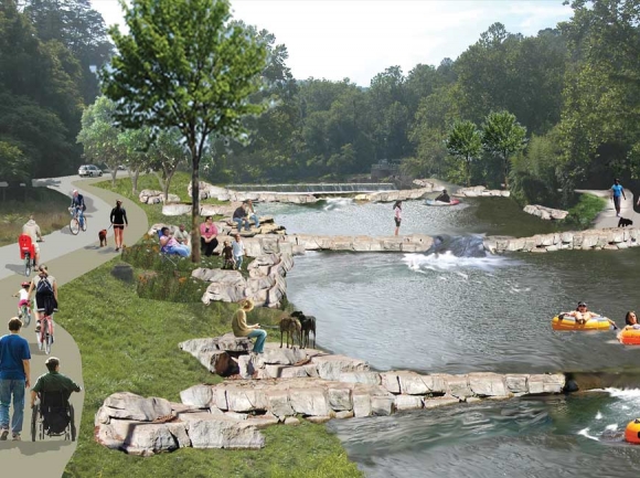 An artist’s rendering imagines what a river park in Cullowhee might look like. Donated rendering