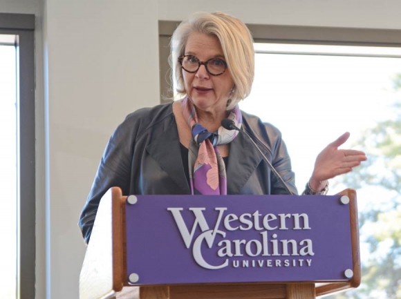 UNC President Margaret Spellings speaks to Western Carolina students and leaders Oct. 24 about the success of the N.C. Promise tuition reduction program. Holly Kays photo 