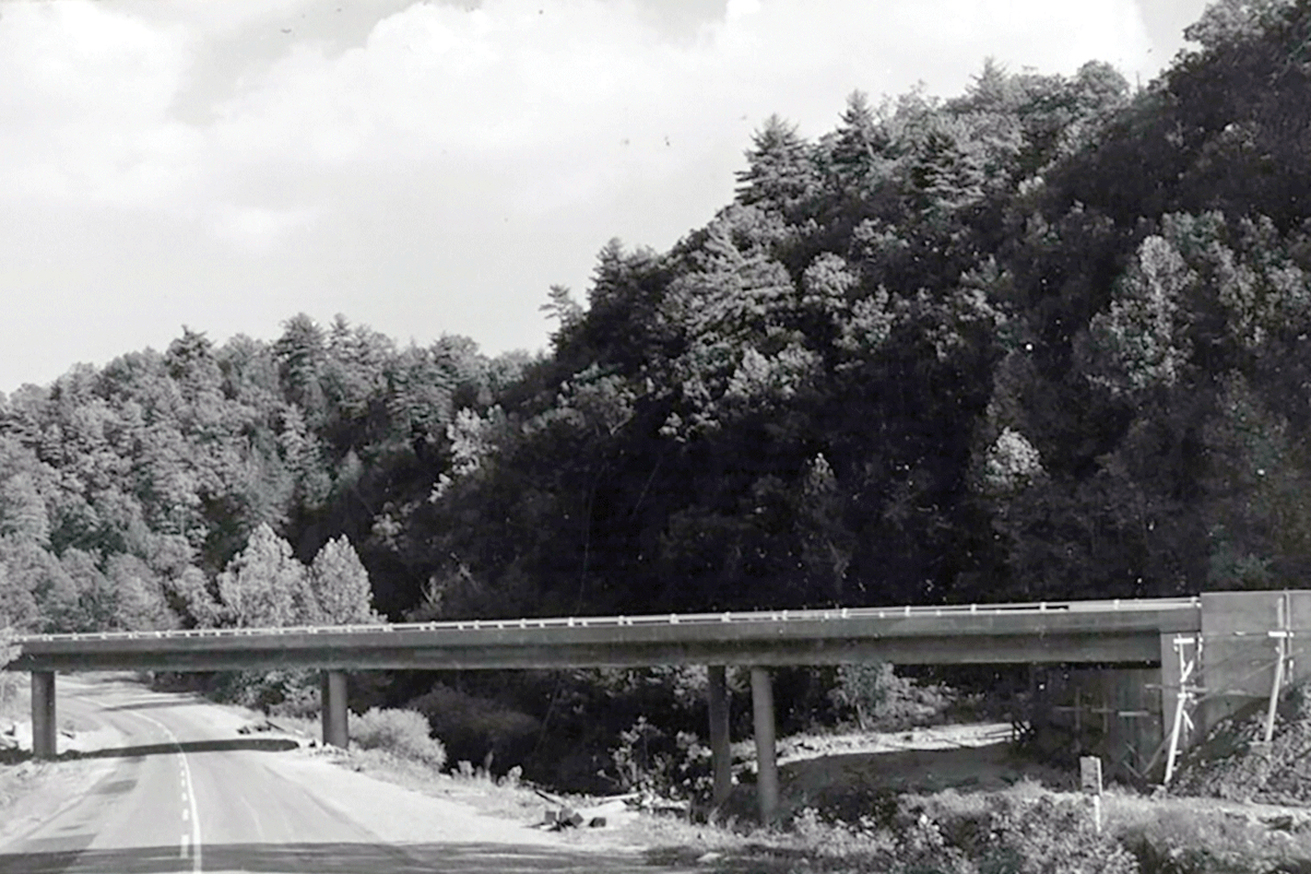 A bridge across Virginia Route 130, shown in a 1958 photo, is among those slated for repair.  Blue Ridge Parkway Historic Photograph Collection