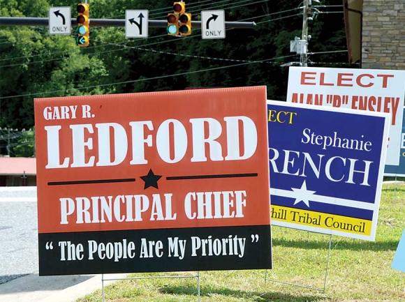 Clusters of campaign signs are a common sight along Qualla Boundary roadways. Holly Kays photo