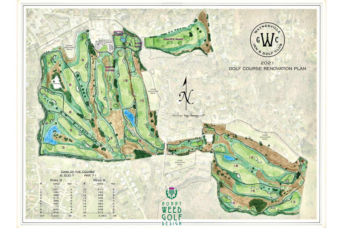 A map of the Waynesville Inn and Golf Club’s recently renovated course shows two areas, off the 10th and 12th fairways where developers want to build 25 new homes. Raines Company photo