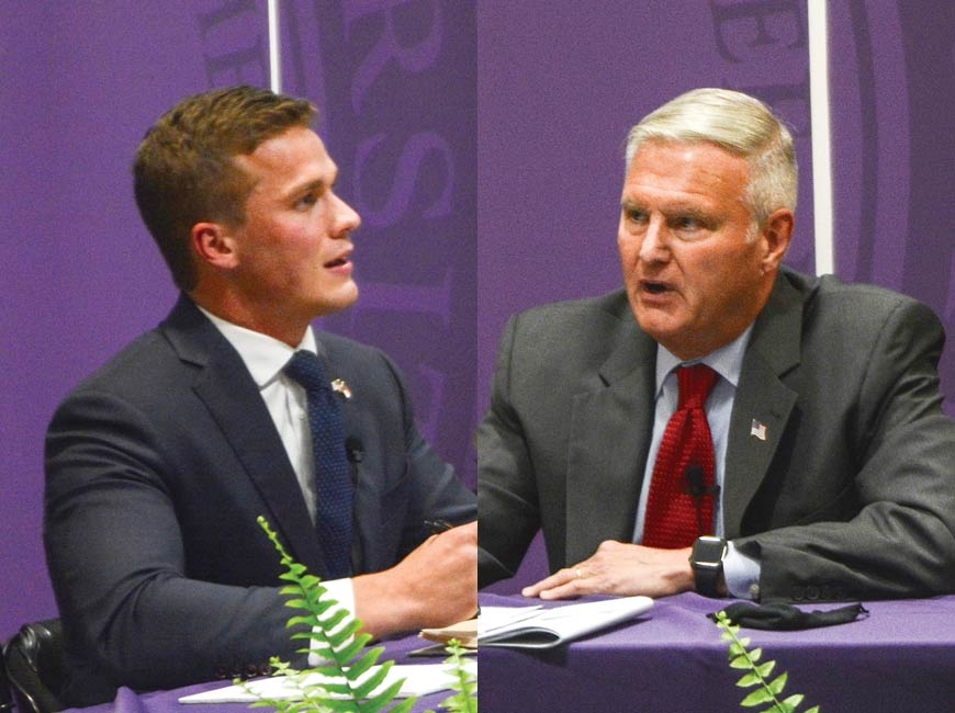 Republican Madison Cawthorn (left) and Democrat Moe Davis squared off last weekend in a debate series that marked their first face-to-face meeting of the campaign, during which both candidates are seeking to replace Mark Meadows as Western North Carolina’s congressional representative. Holly Kays photos