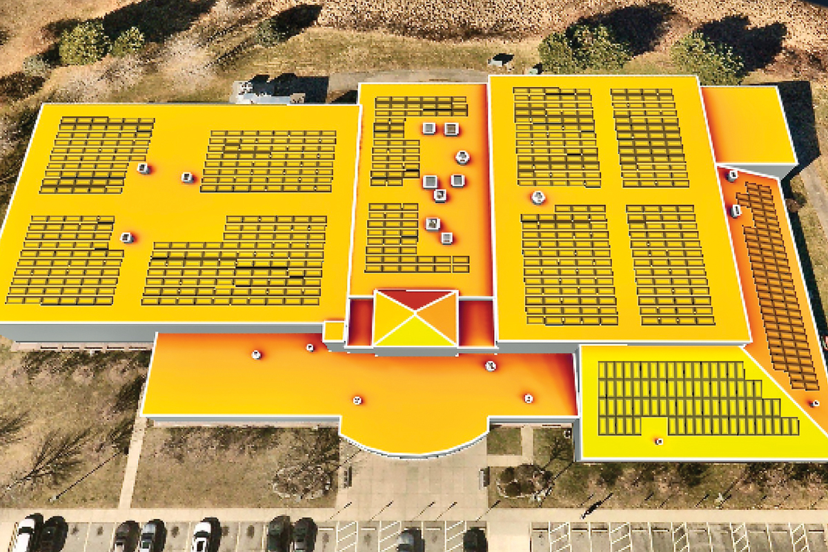 An artist’s conception of solar panels on the roof of the Waynesville Recreation Center shows areas with higher (yellow) and lower (red) levels of solar irradiance. Rhino Renewables Solar &amp; Electric illustration